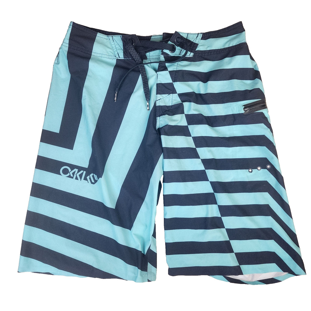 Oakley Men's Board Shorts Teal Blue Geometric Stripe Swim Trunks Size 30